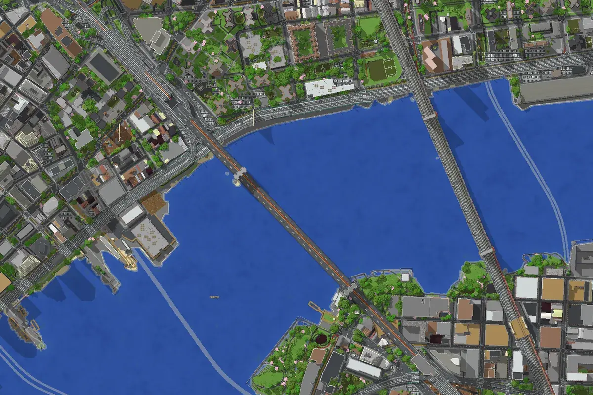 Lower Manhattan und die Brücken über den East River, von CartoVoxel als Minecraft-Welt erzeugt