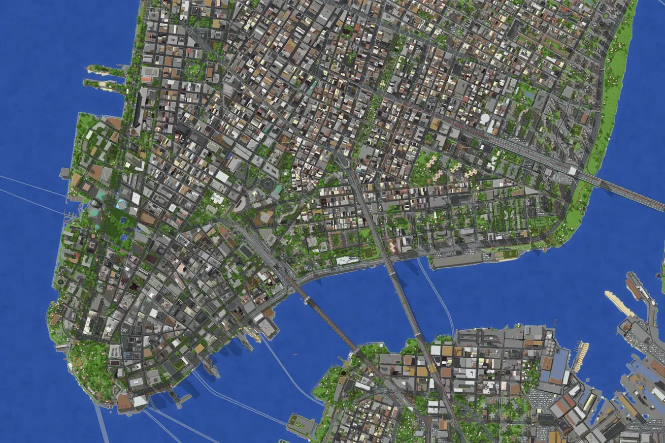 Derselbe Bereich in Lower Manhattan als generierte Minecraft-Welt, von oben gesehen