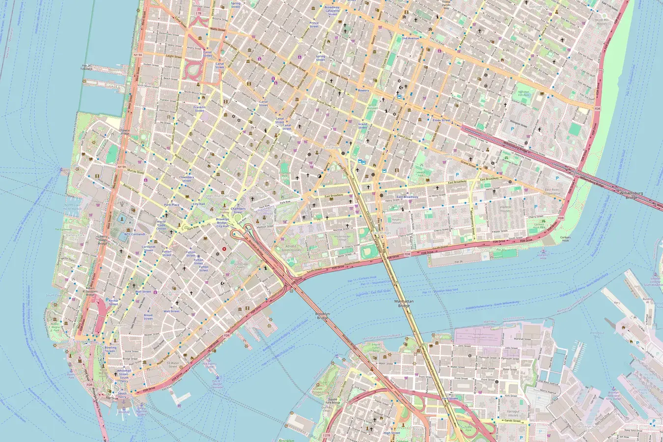 Lower Manhattan, Brooklyn Bridge und Manhattan Bridge auf der OpenStreetMap-Karte