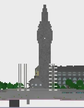 Seitenansicht des Minecraft-Elizabeth-Towers: ein hoher Uhrturm aus Stein mit spitzem Helm