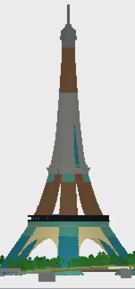 Seitenansicht des Minecraft-Eiffelturms: vier gebogene Beine, zwei Plattformen und eine schlanke Spitze