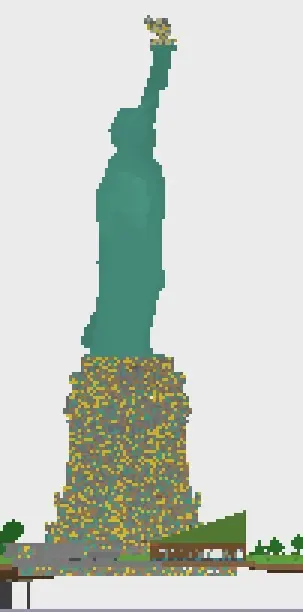 Seitenansicht der Minecraft-Freiheitsstatue: grüne Kupferfigur auf einem gestuften Steinsockel