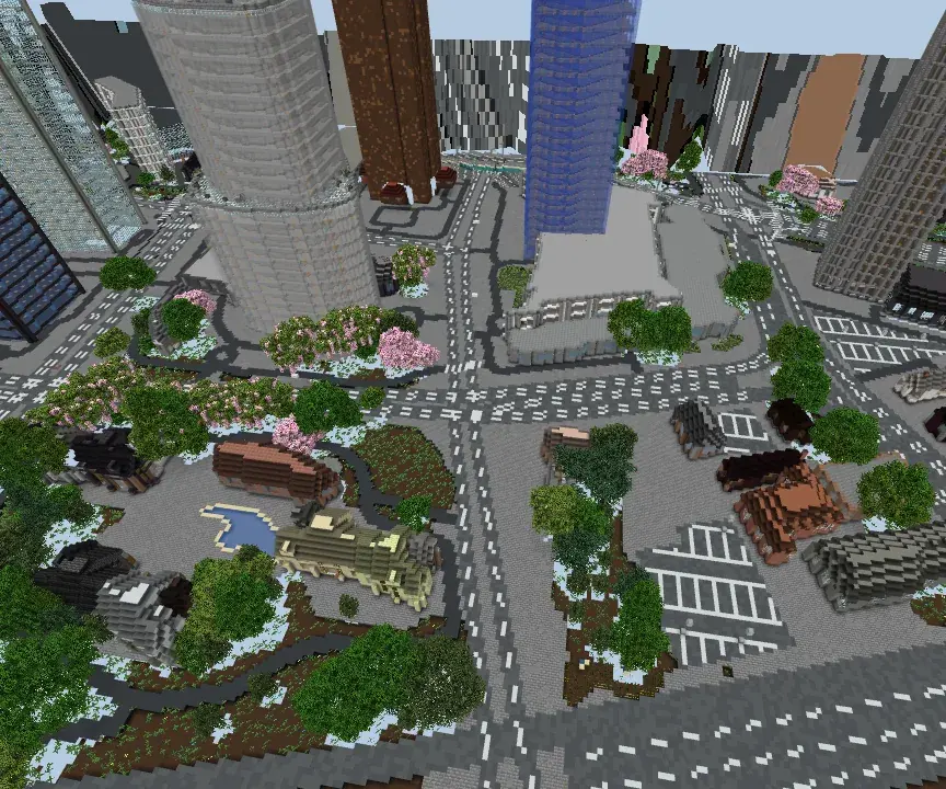 Die Hochhäuser von Lujiazui in Shanghai als Minecraft-Welt im 3D-Viewer