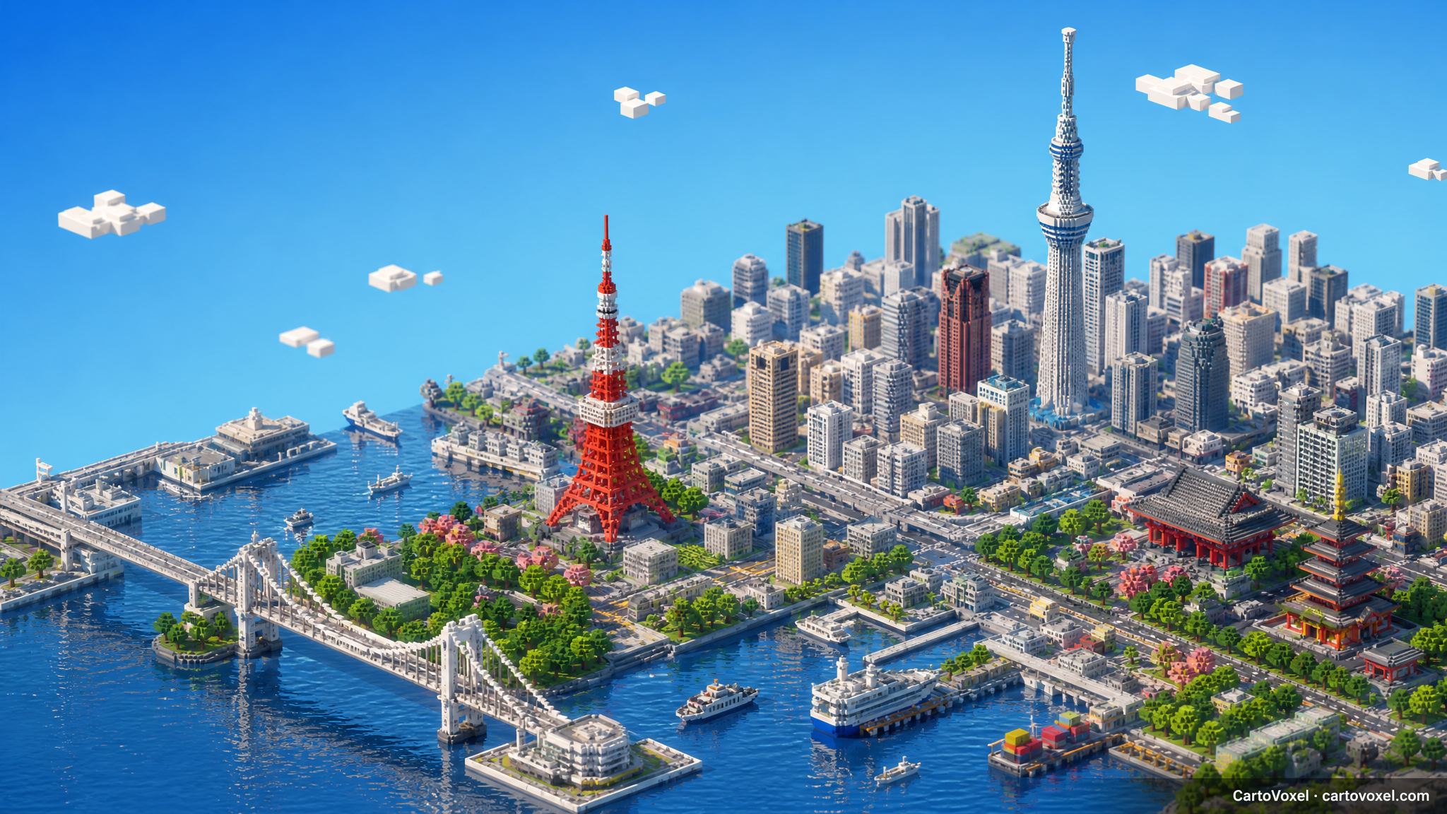 Minecraft-style city wallpaper of 东京