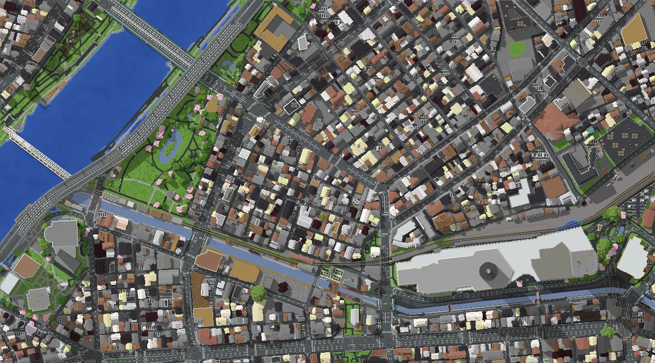 Top-down view of the 东京 Minecraft world
